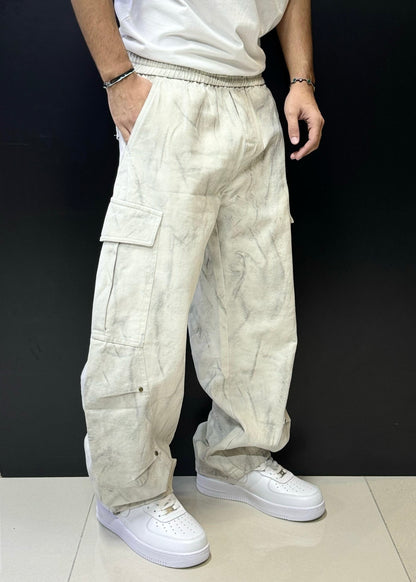 White Marble-Wash Cargo Pants