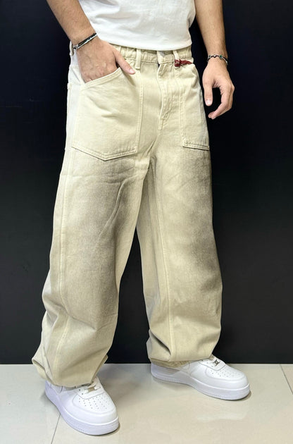 Beige Wide-Leg Utility Pants