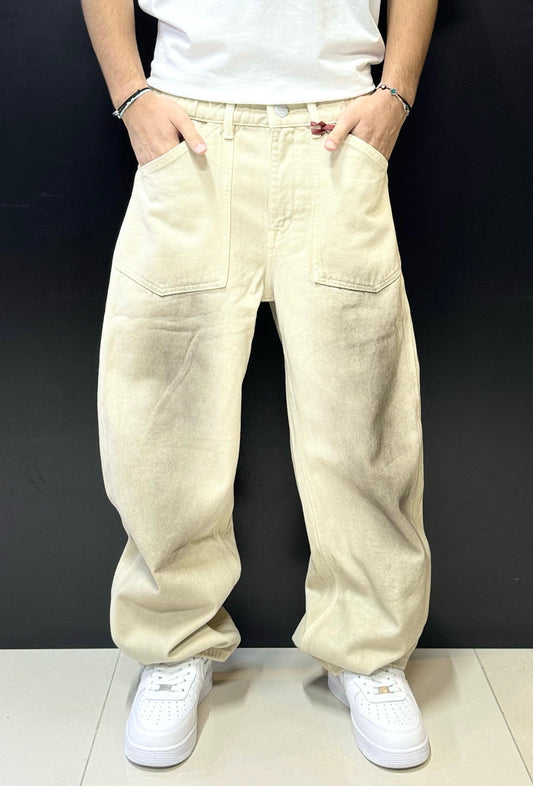 Beige Wide-Leg Utility Pants