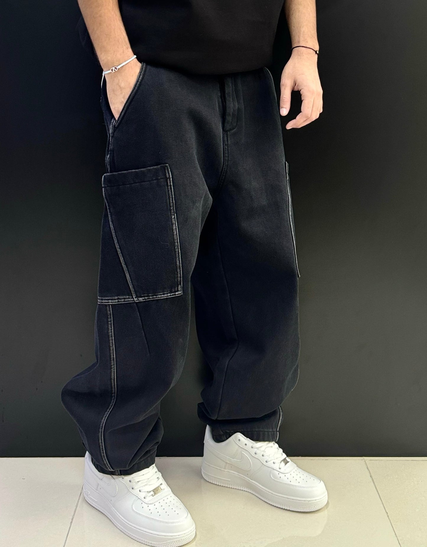 Oversized Black Cargo Pants with Contrast Stitching