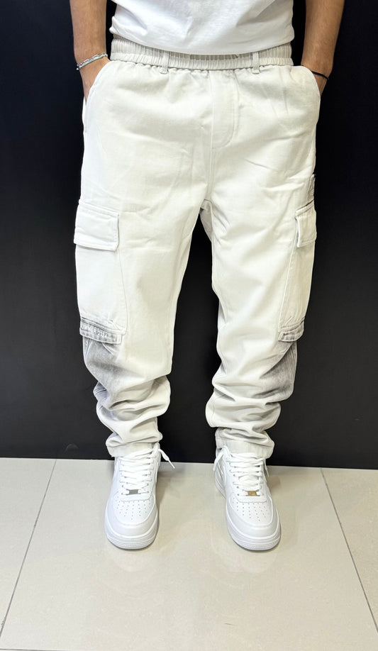 White Cargo Jogger Pants with Gradient Detail