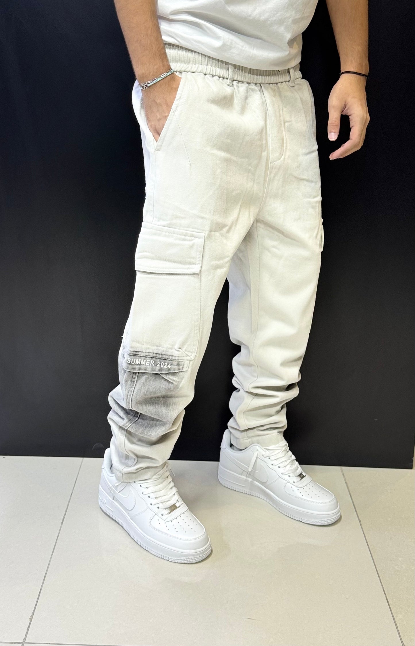 White Cargo Jogger Pants with Gradient Detail