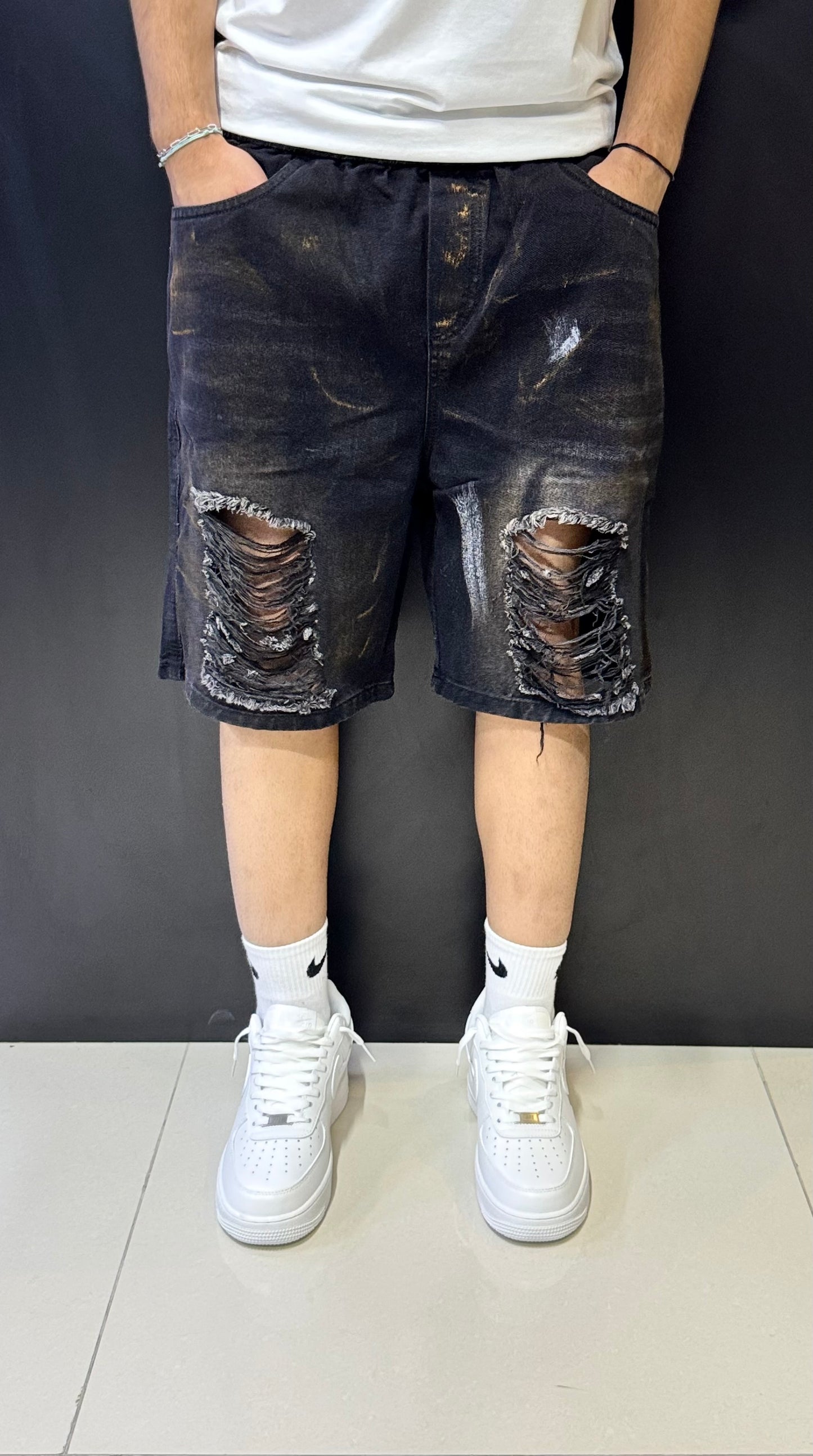 Distressed Black Denim Shorts with Vintage Wash