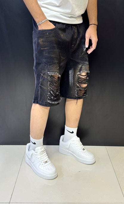 Distressed Black Denim Shorts with Vintage Wash