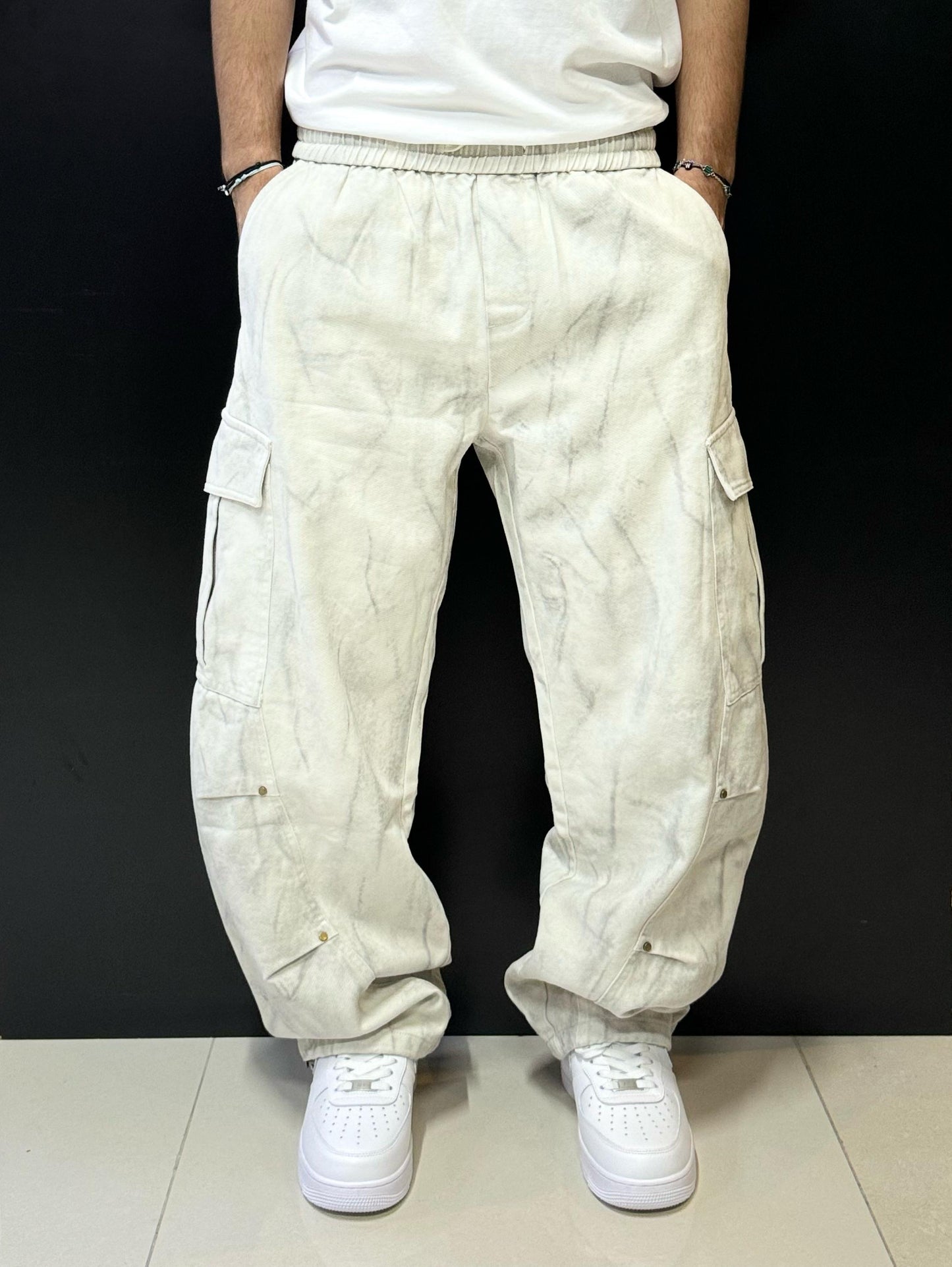 White Marble-Wash Cargo Pants