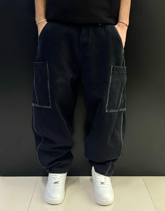 Oversized Black Cargo Pants with Contrast Stitching